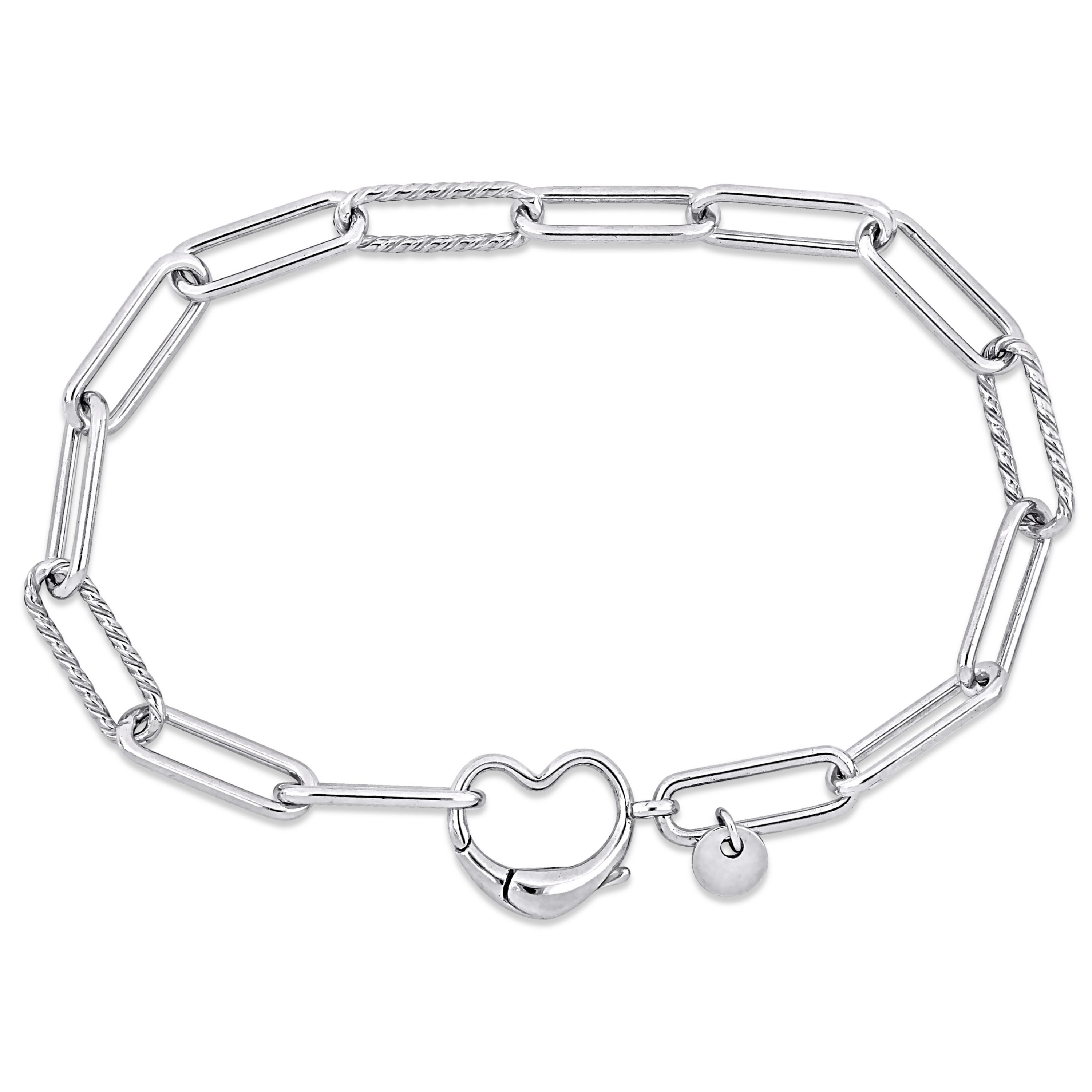 Paperclip Link Anklet with Heart Clasp in Sterling Silver, 9"