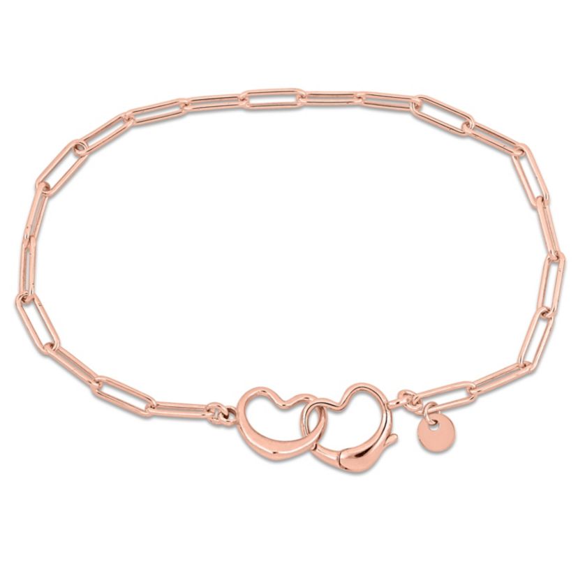 Paperclip Link Anklet with Double Heart Clasp in Rose Plated Sterling Silver, 9"