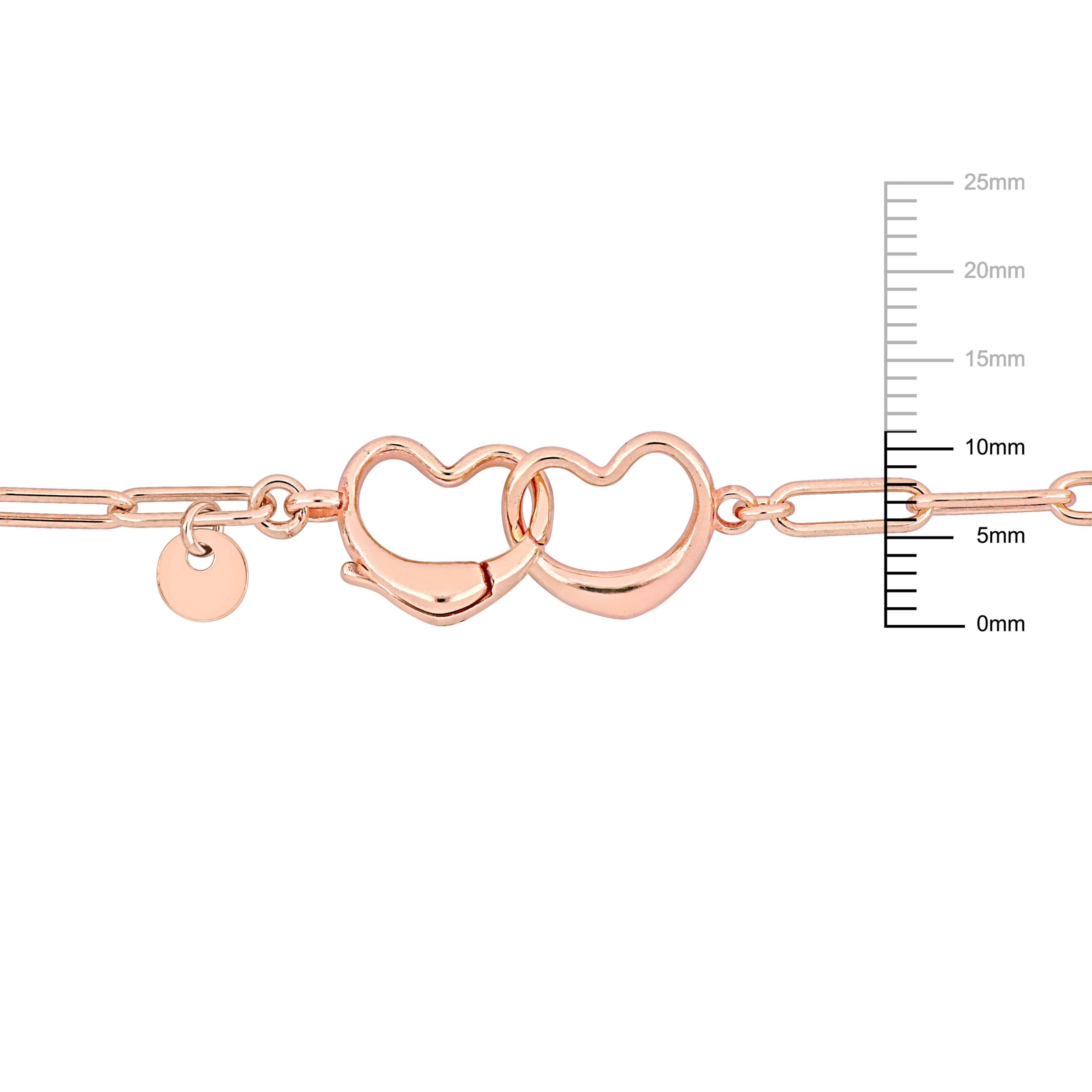 Paperclip Link Anklet with Double Heart Clasp in Rose Plated Sterling Silver, 9"