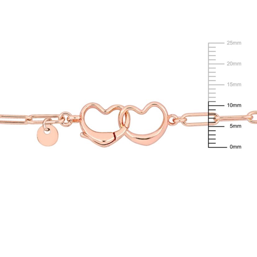Paperclip Link Anklet with Double Heart Clasp in Rose Plated Sterling Silver, 9"
