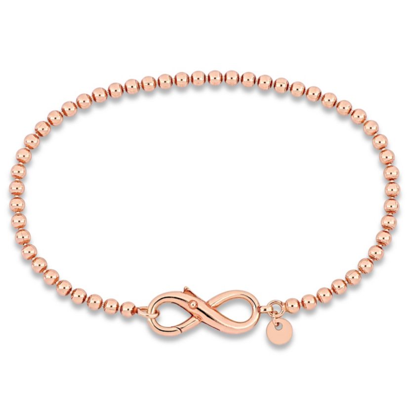 Ball Link Anklet with Infinity Clasp in Rose Plated Sterling Silver, 9"