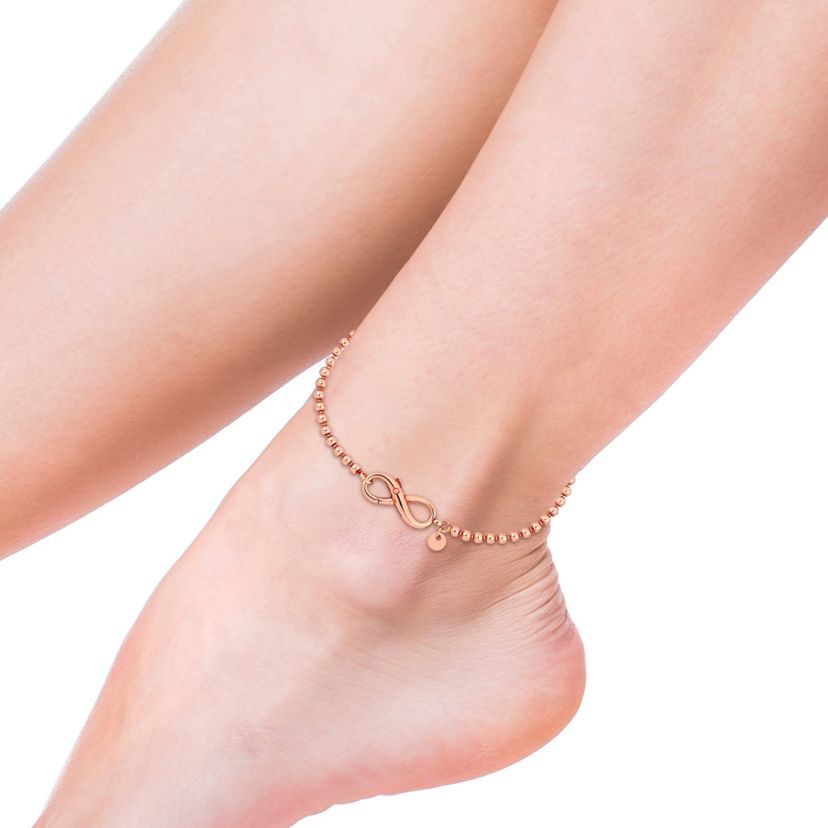 Ball Link Anklet with Infinity Clasp in Rose Plated Sterling Silver, 9"