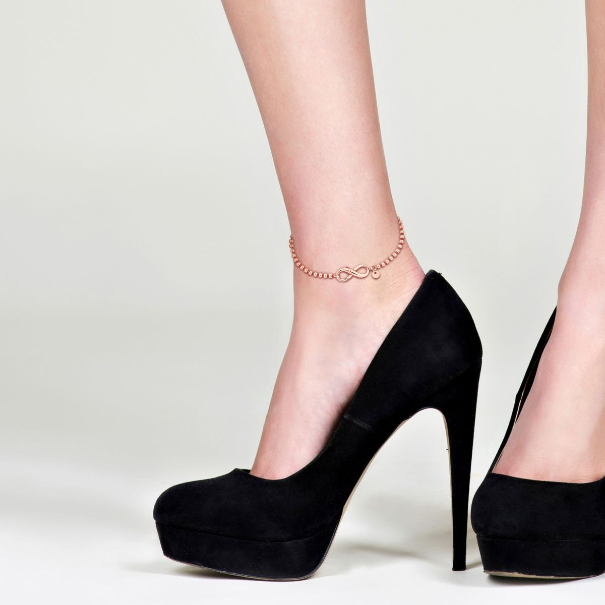 Ball Link Anklet with Infinity Clasp in Rose Plated Sterling Silver, 9"