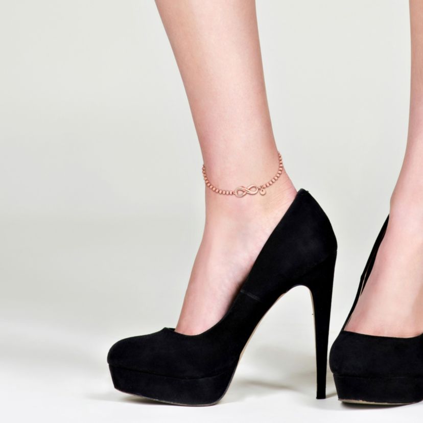 Ball Link Anklet with Infinity Clasp in Rose Plated Sterling Silver, 9"