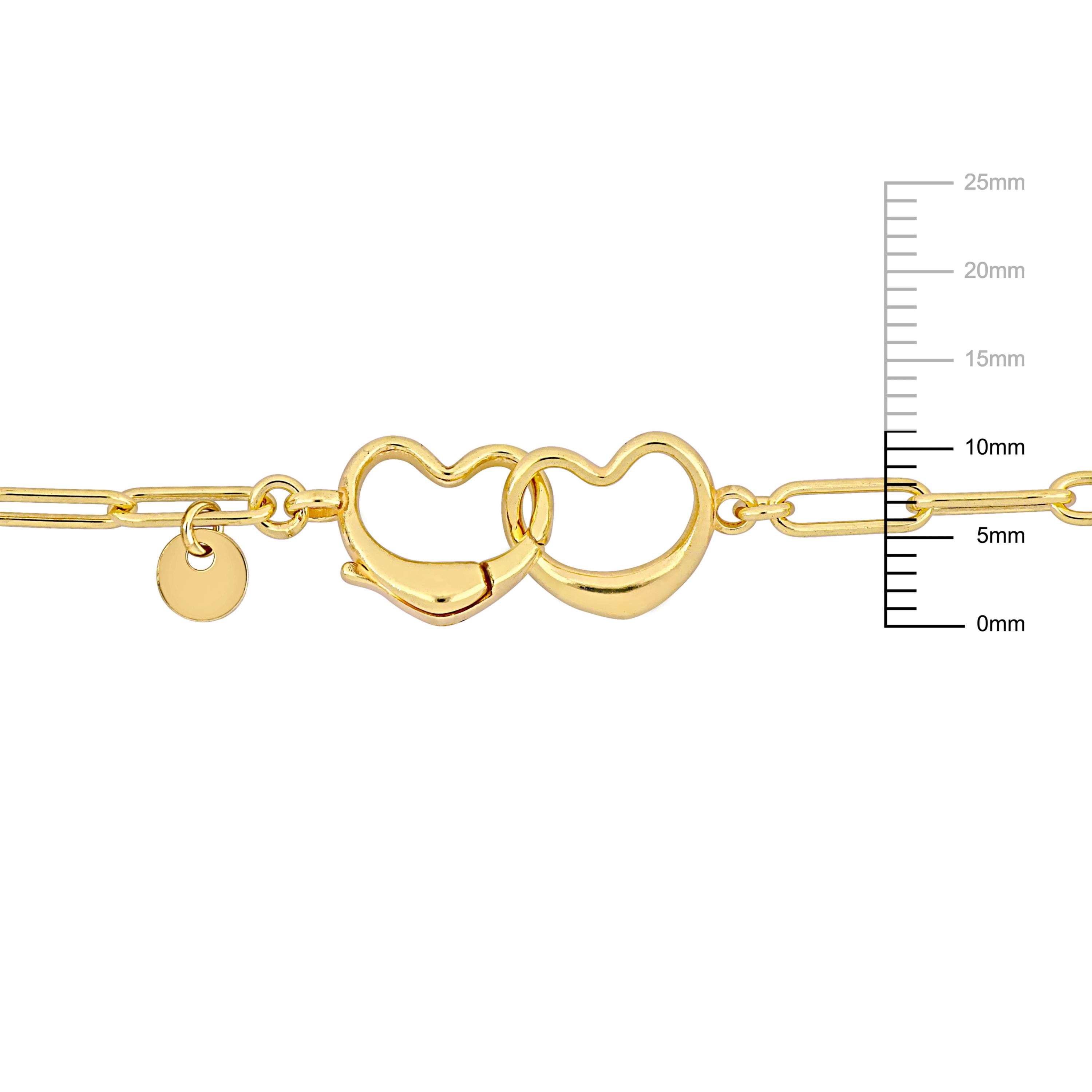 Paperclip Link Anklet with Double Heart Clasp in Yellow Plated Sterling Silver, 9"