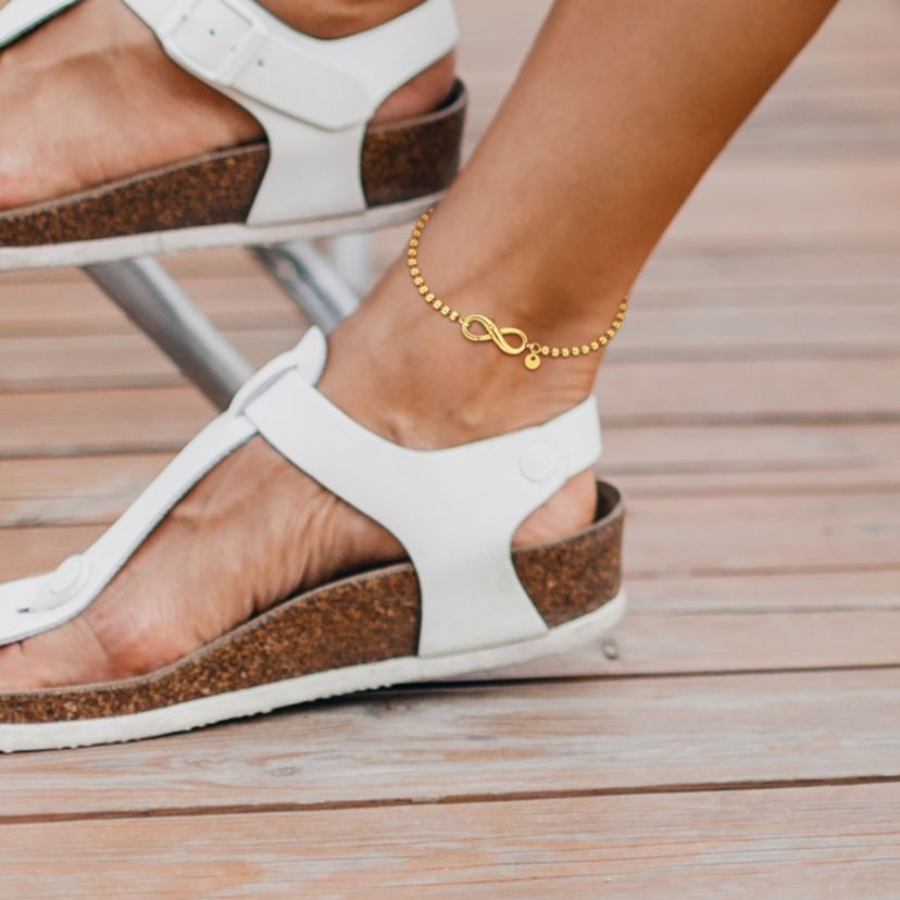 Ball Link Anklet with Infinity Clasp in Yellow Plated Sterling Silver, 9"