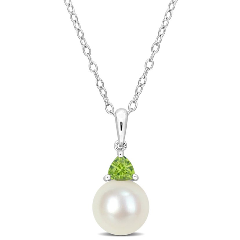 8-8.5mm Freshwater Cultured Pearl and Peridot Pendant with Chain in Sterling Silver