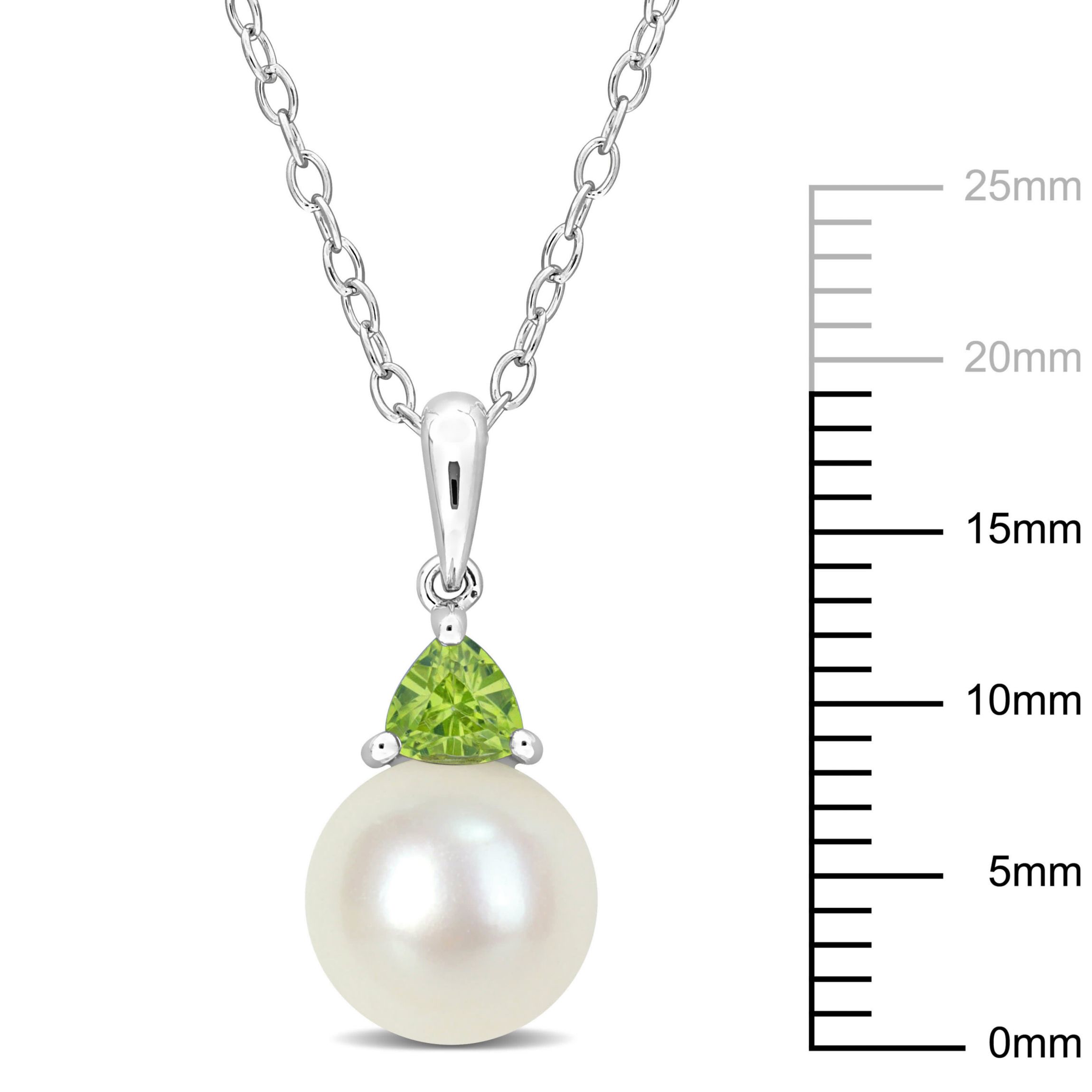 8-8.5mm Freshwater Cultured Pearl and Peridot Pendant with Chain in Sterling Silver