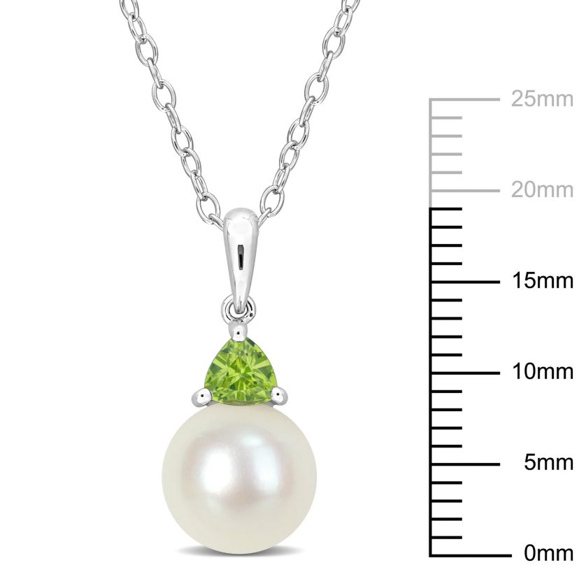8-8.5mm Freshwater Cultured Pearl and Peridot Pendant with Chain in Sterling Silver
