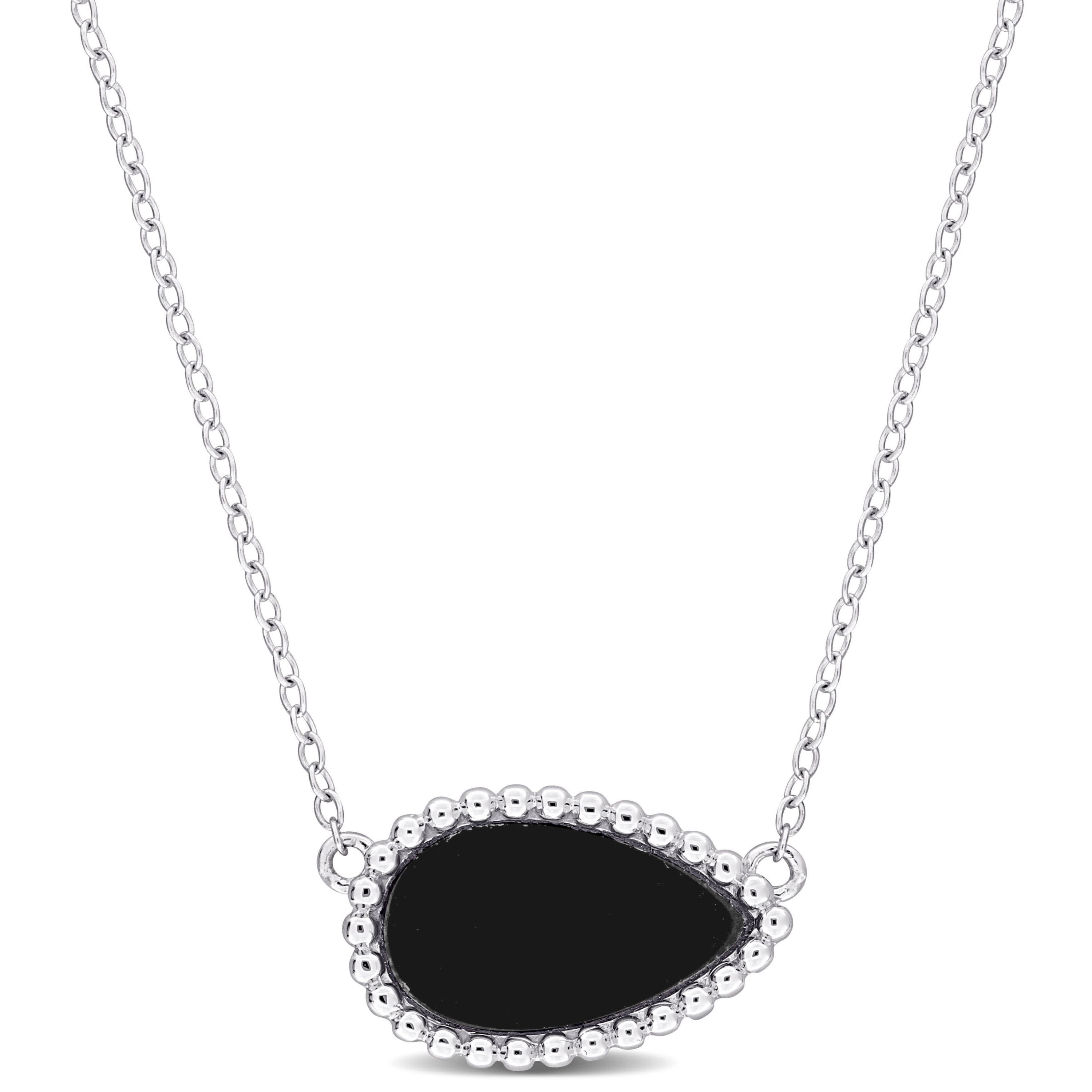 Black Agate Beaded Halo Necklace in Sterling Silver