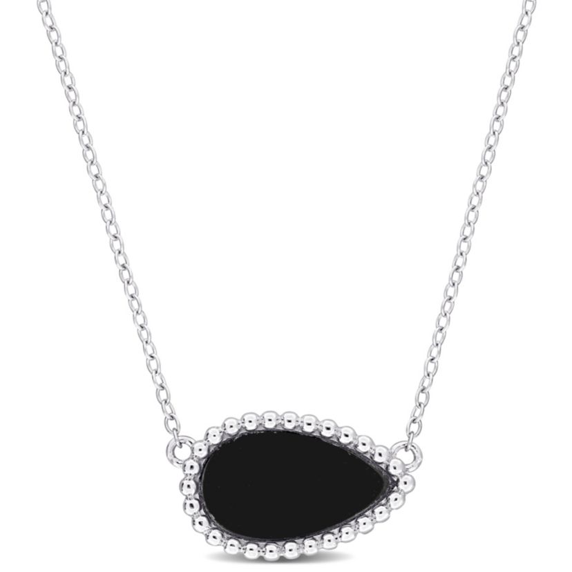 Black Agate Beaded Halo Necklace in Sterling Silver