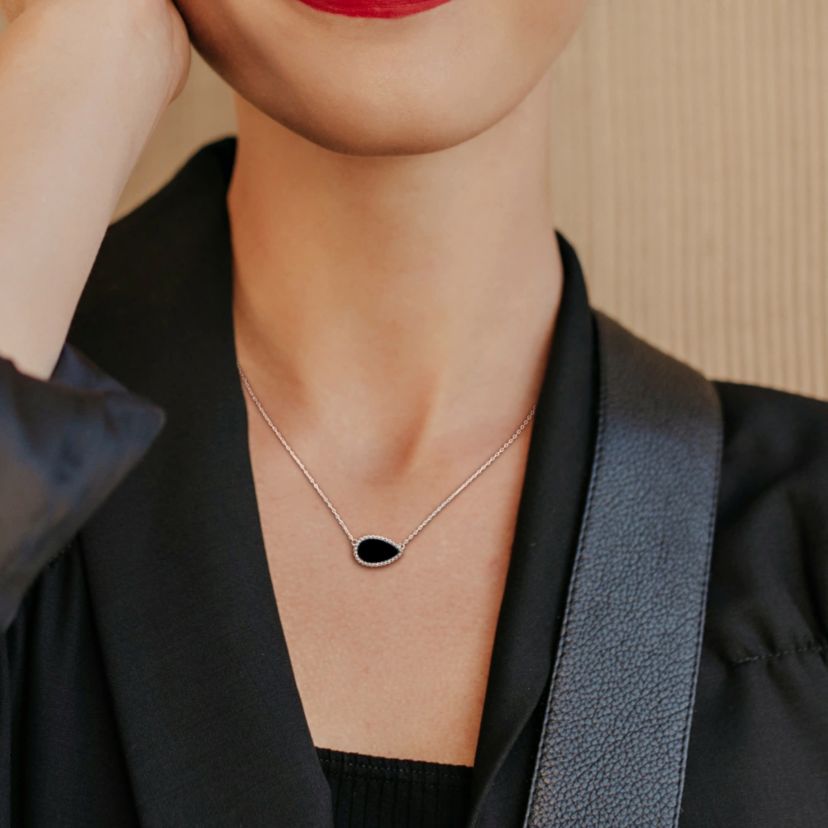 Black Agate Beaded Halo Necklace in Sterling Silver