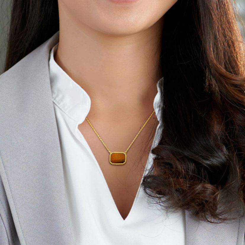 Tiger Eye Beaded Halo Necklace in Yellow Plated Sterling Silver