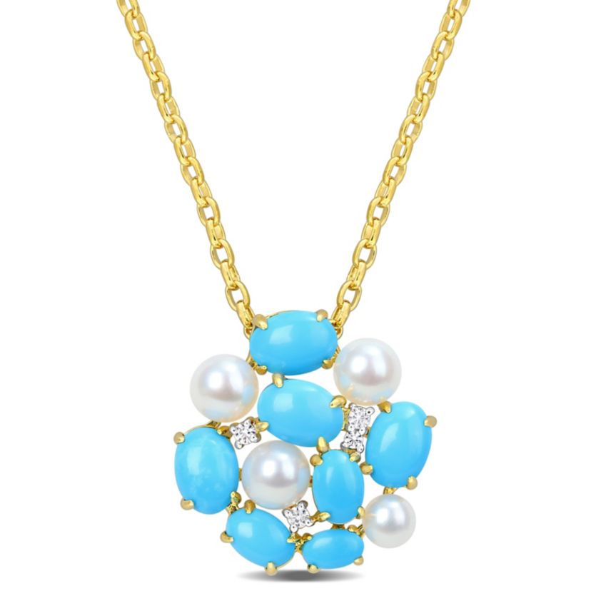 Lab Created Created Turquoise, Created White Sapphire and Freshwater Cultured Pearl Pendant with Chain in Yellow Plated Sterling Silver