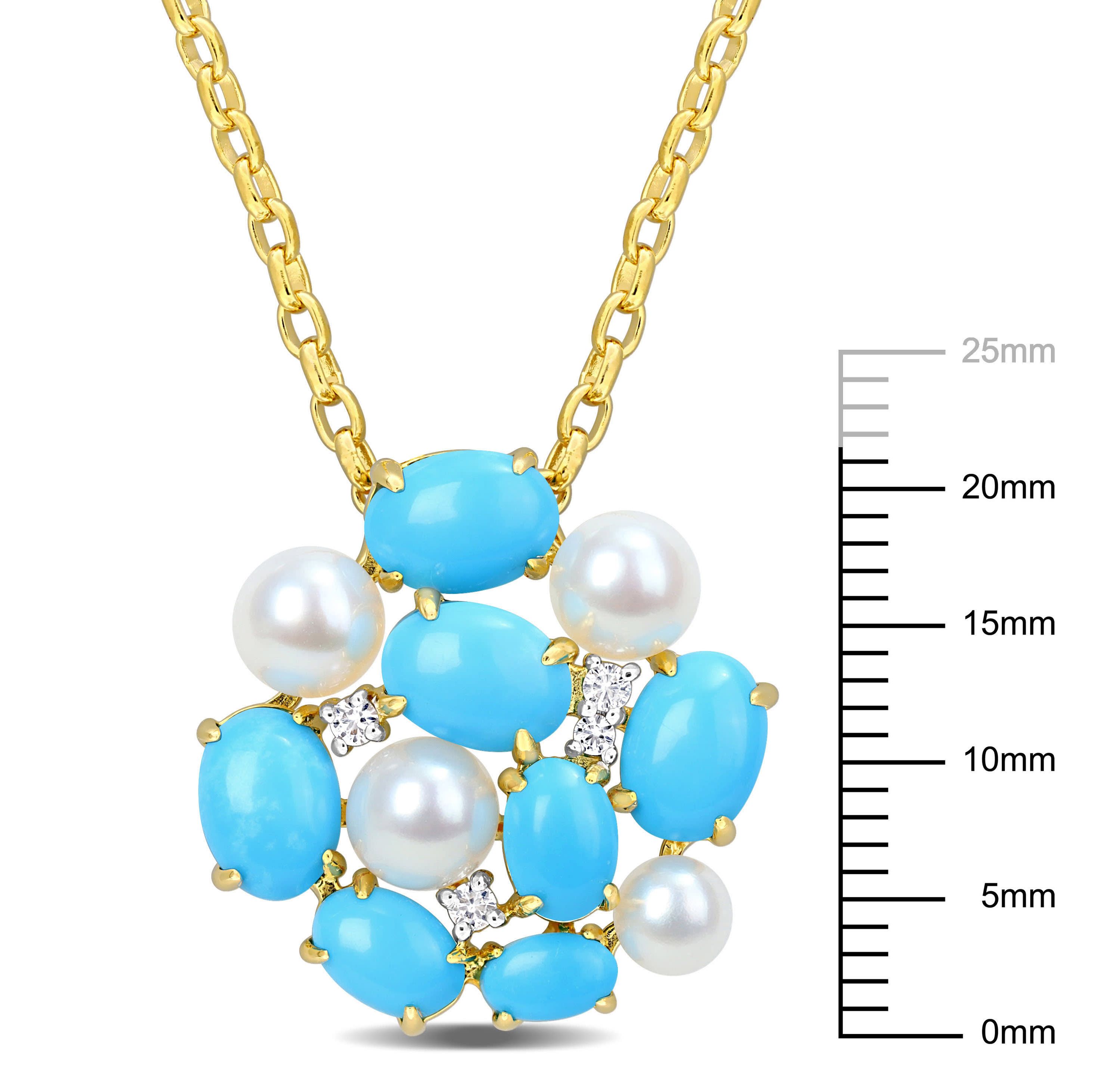 Lab Created Created Turquoise, Created White Sapphire and Freshwater Cultured Pearl Pendant with Chain in Yellow Plated Sterling Silver