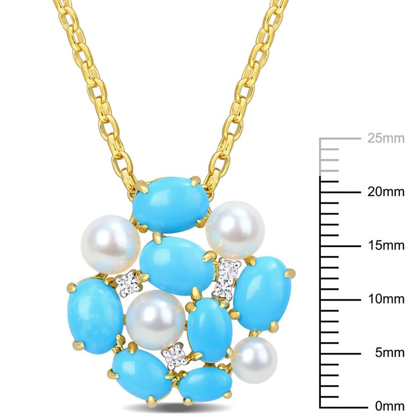 Lab Created Created Turquoise, Created White Sapphire and Freshwater Cultured Pearl Pendant with Chain in Yellow Plated Sterling Silver