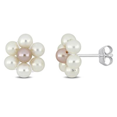 Belk & Co 3-4MM White and Pink Freshwater Cultured Pearl Flower Stud Earrings in Sterling Silver, 8.25 in