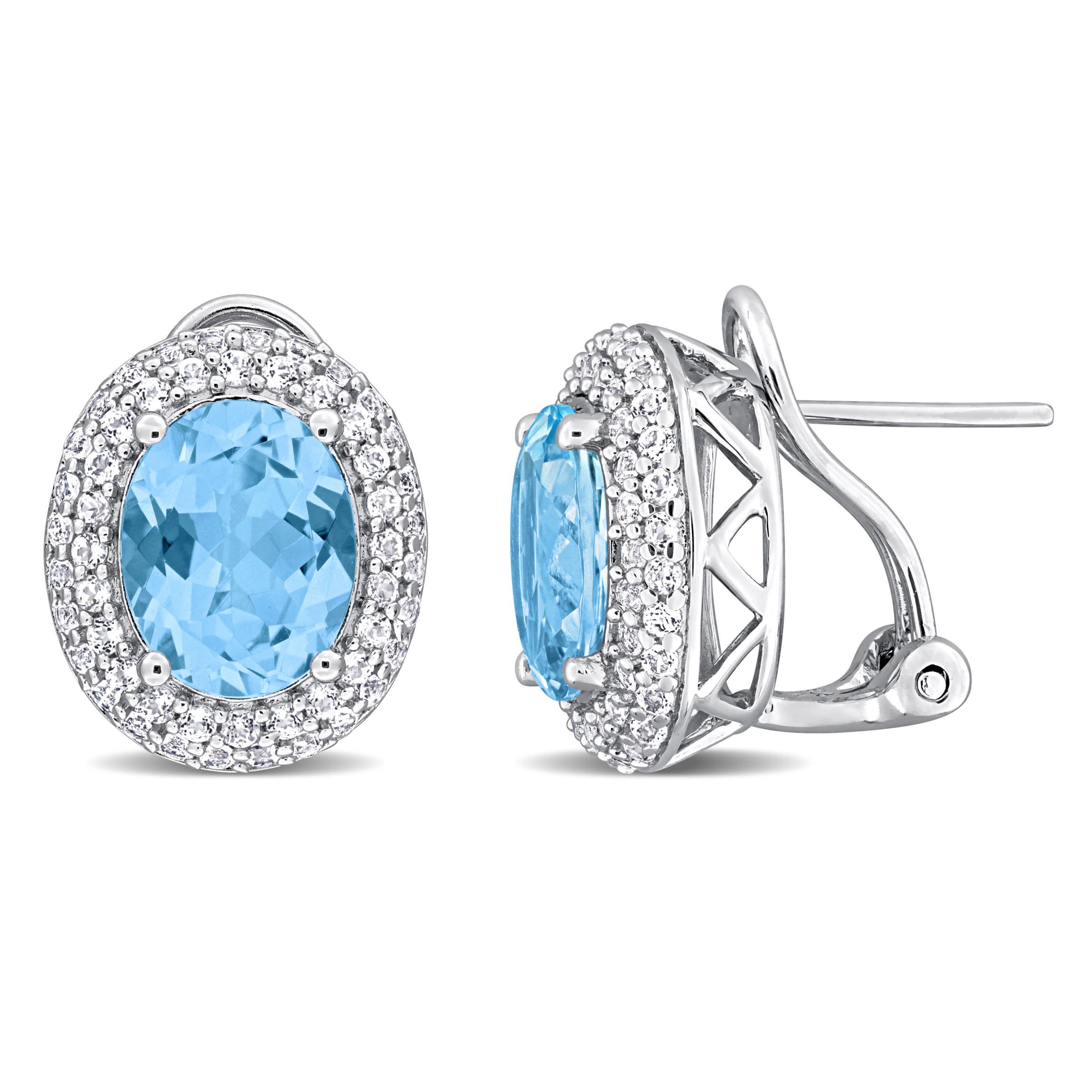Sky Blue Topaz and White Topaz Doueble Halo Earrings in Sterling Silver