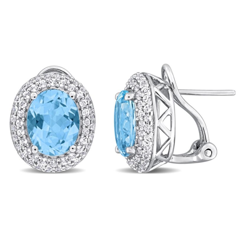 Sky Blue Topaz and White Topaz Doueble Halo Earrings in Sterling Silver