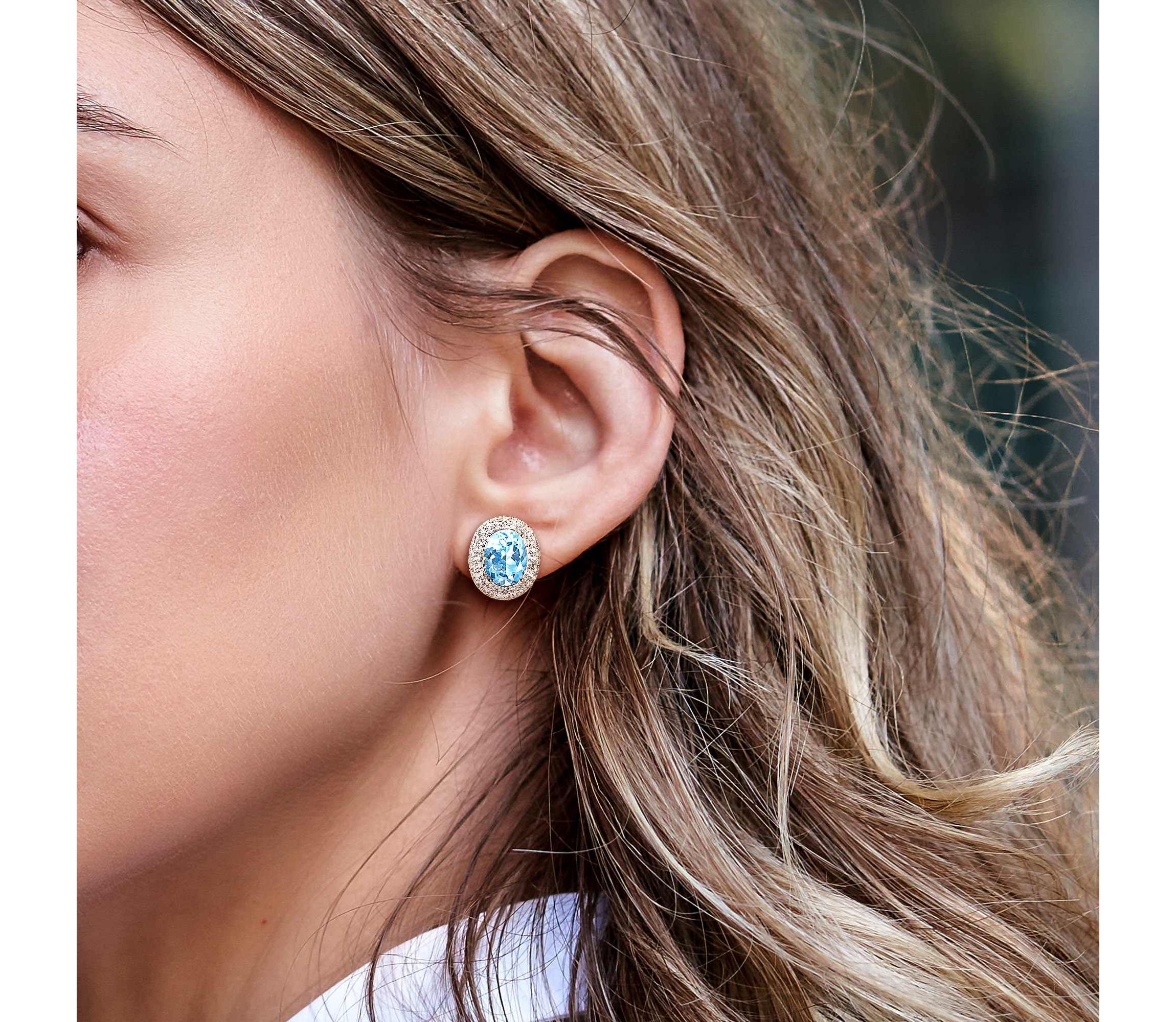 Sky Blue Topaz and White Topaz Doueble Halo Earrings in Sterling Silver