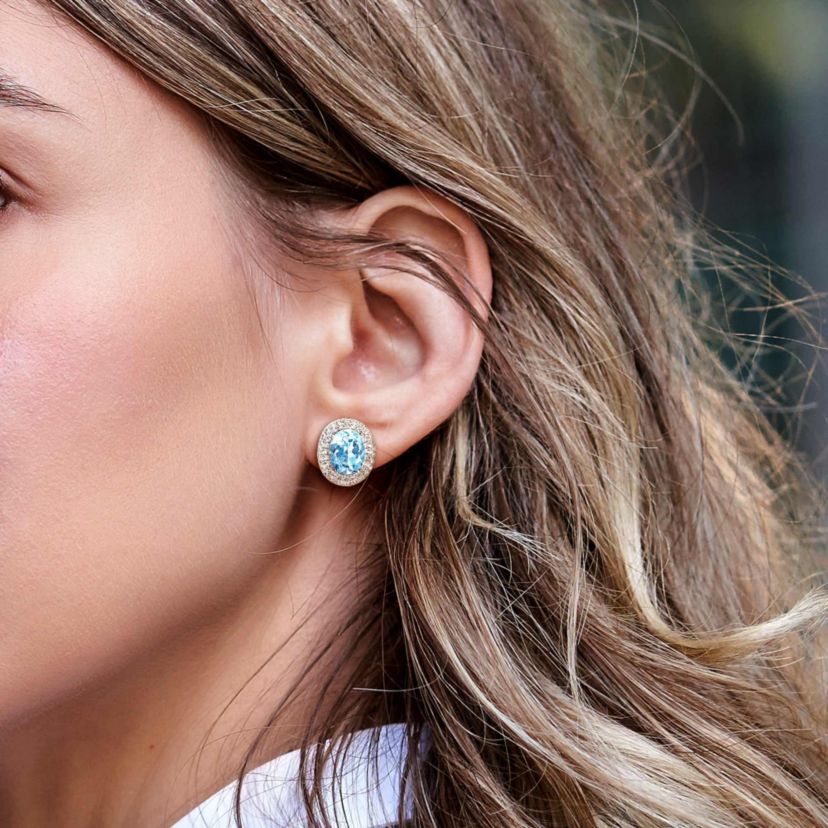 Sky Blue Topaz and White Topaz Doueble Halo Earrings in Sterling Silver