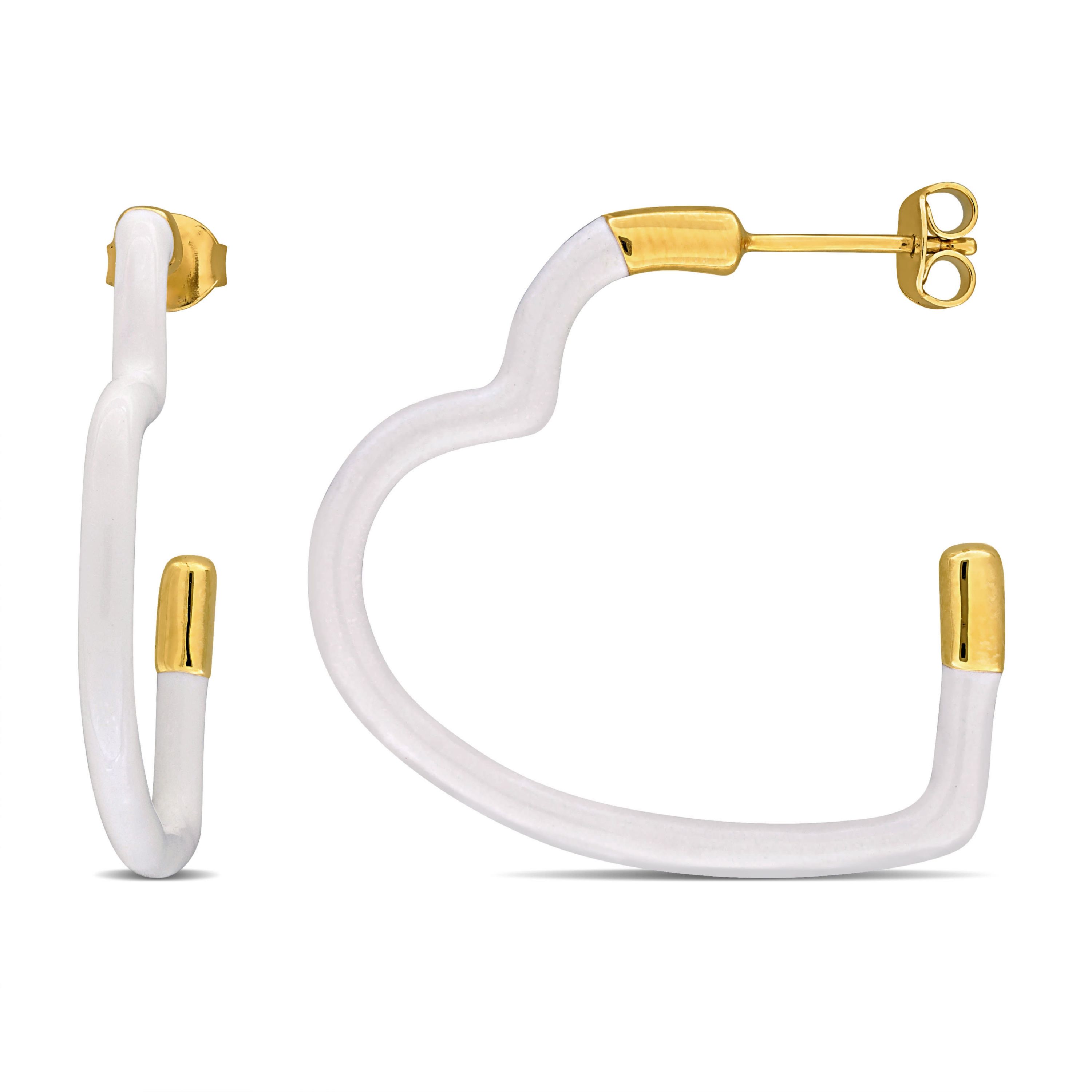White Enamel Open Heart Earrings in Yellow Plated Sterling Silver