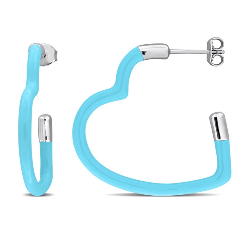 Light Blue Enamel Open Heart Earrings in Sterling Silver