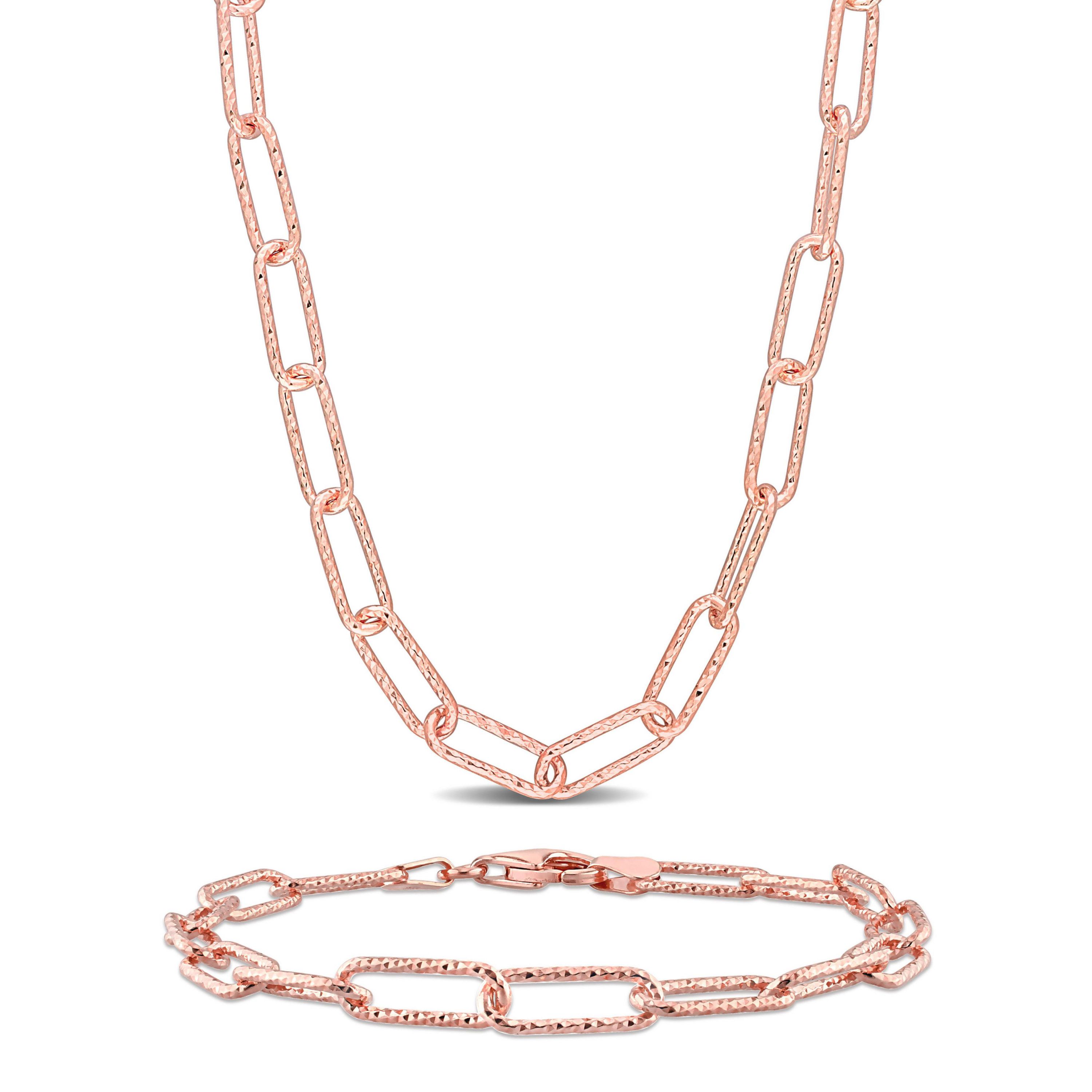 2-Piece Set of 5mm Paperclip Chain Necklace and Anklet in Rose Plated Sterling Silver