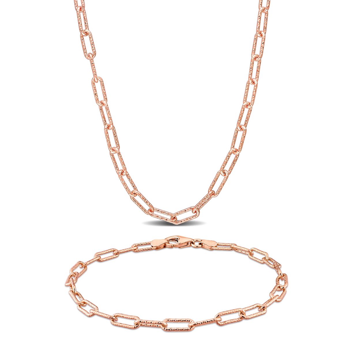 2-Piece Set of 3.5mm Paperclip Chain Necklace and Bracelet in Rose Plated Sterling Silver