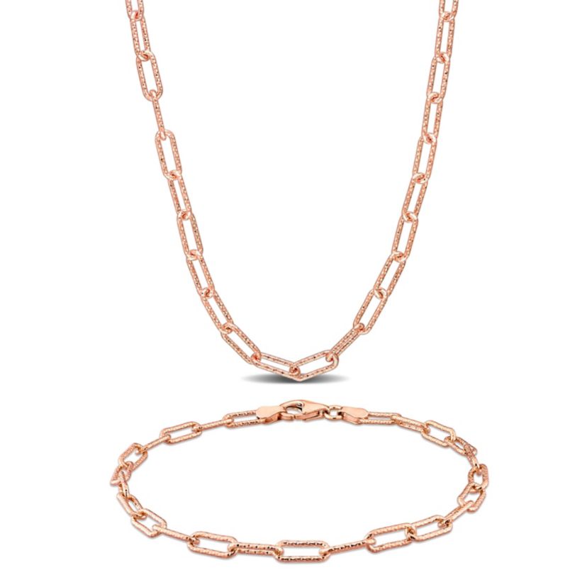 2-Piece Set of 3.5mm Paperclip Chain Necklace and Bracelet in Rose Plated Sterling Silver