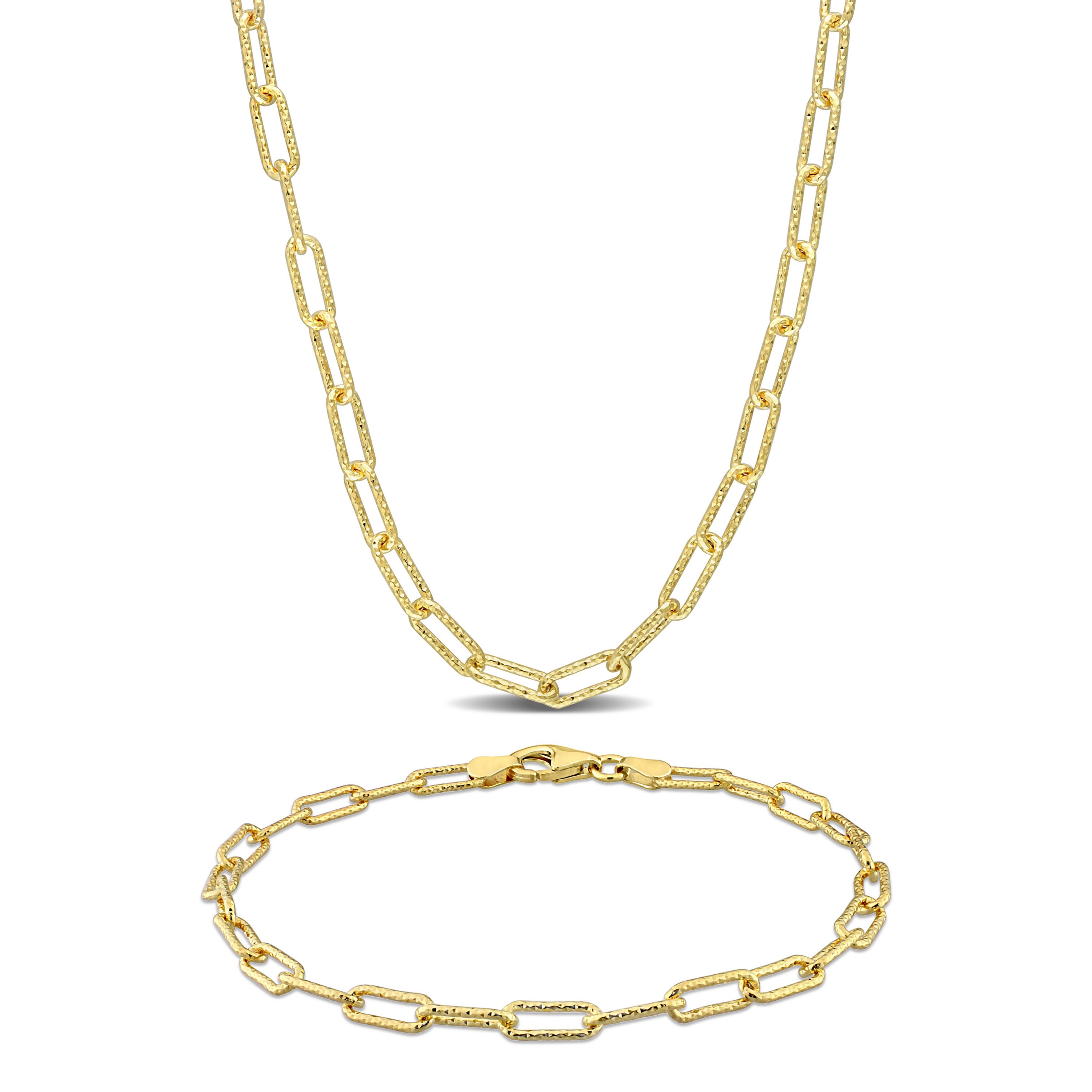 2-Pc Set of 3.5MM Paperclip Chain Bracelet and Necklace in Yellow Plated Sterling Silver, 7.5" & 20"