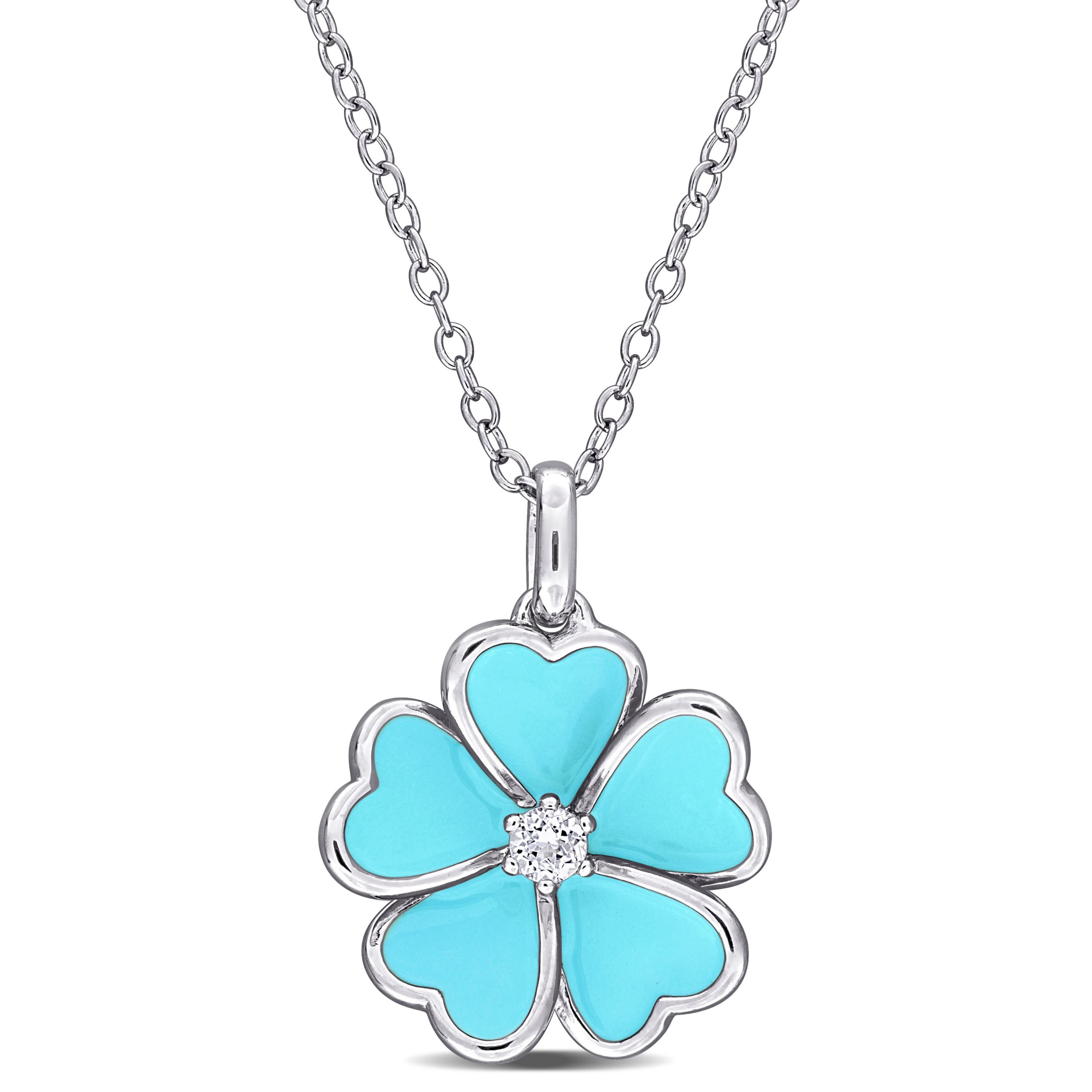 White Topaz with Light Blue Enamel Flower Pendant with Chain in Sterling Silver