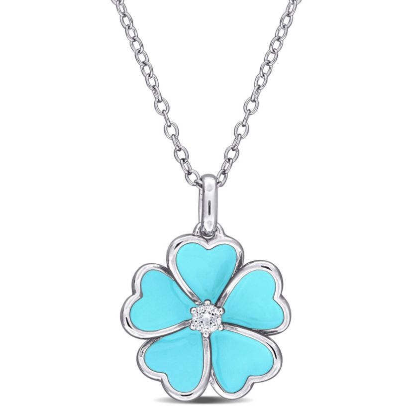 White Topaz with Light Blue Enamel Flower Pendant with Chain in Sterling Silver