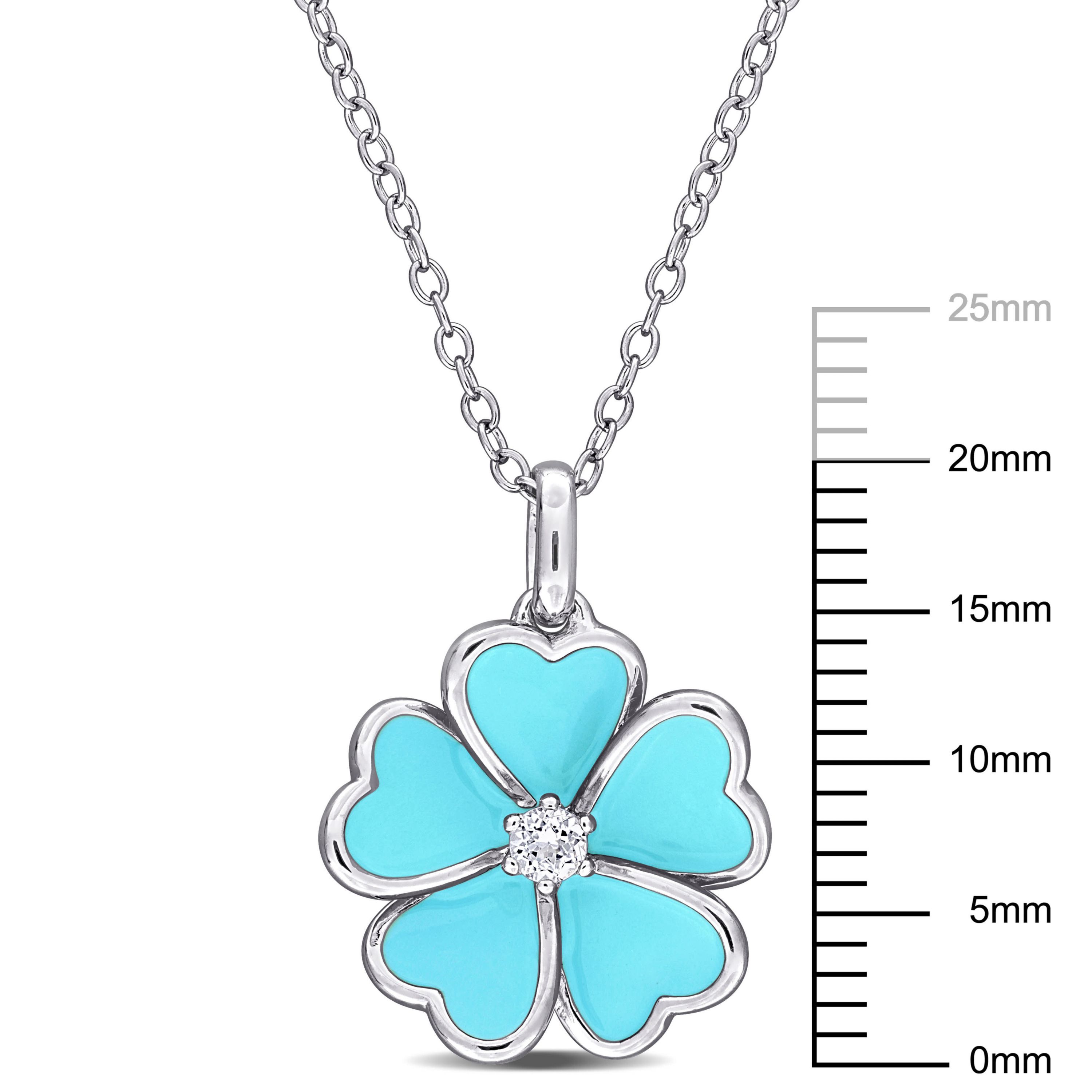 White Topaz with Light Blue Enamel Flower Pendant with Chain in Sterling Silver