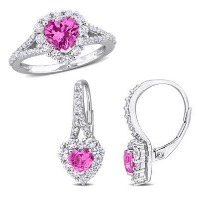 Belk & Co Lab Created 2-Pc Set of Pink and White Sapphire Halo Heart Drop Earrings and Ring in Sterling Silver