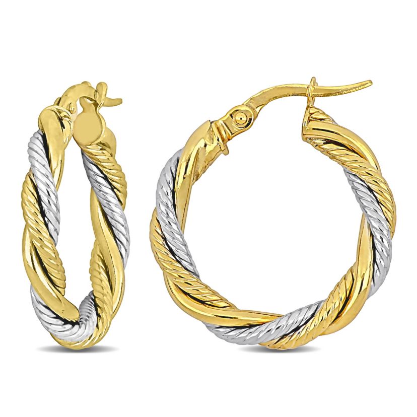 20mm Twisted Hoop Earrings in 10k Yellow and White Gold
