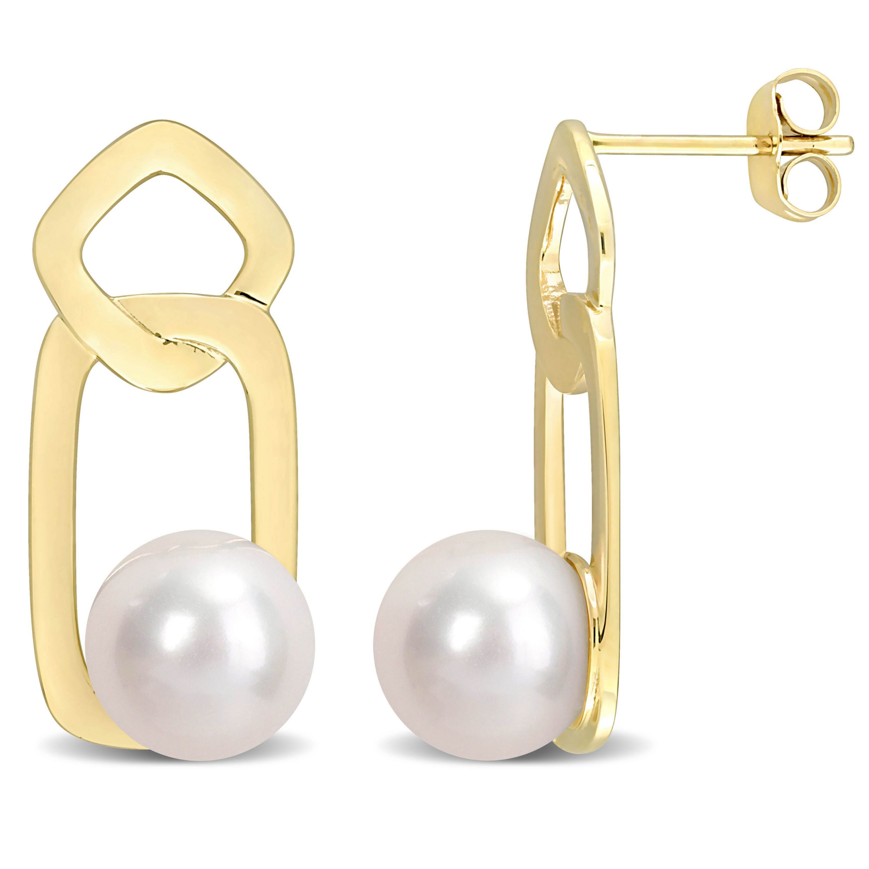 8.5-9mm Freshwater Cultured Pearl Interlocked Drop Stud Earrings in 10K Yellow Gold