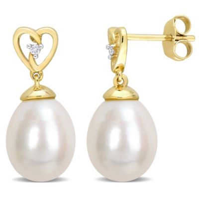 Belk & Co 8.5-9mm Freshwater Cultured Pearl and Diamond Accent Drop Earrings in 10K Yellow Gold