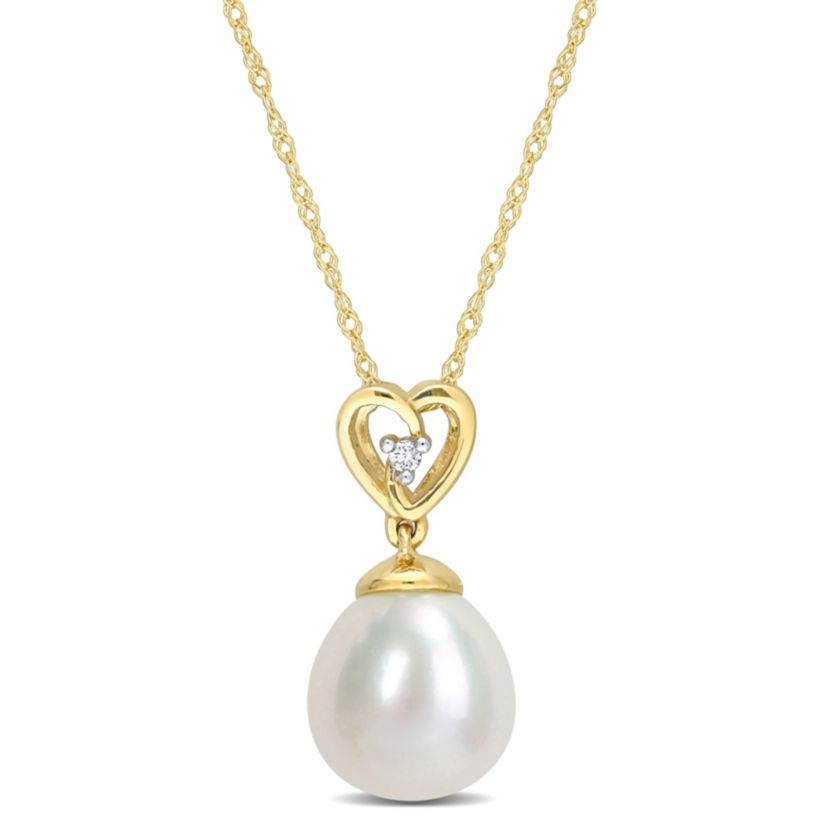 8.5-9mm Freshwater Cultured Pearl and Diamond Accent Drop Heart Pendant with Chain in 10K Yellow Gold