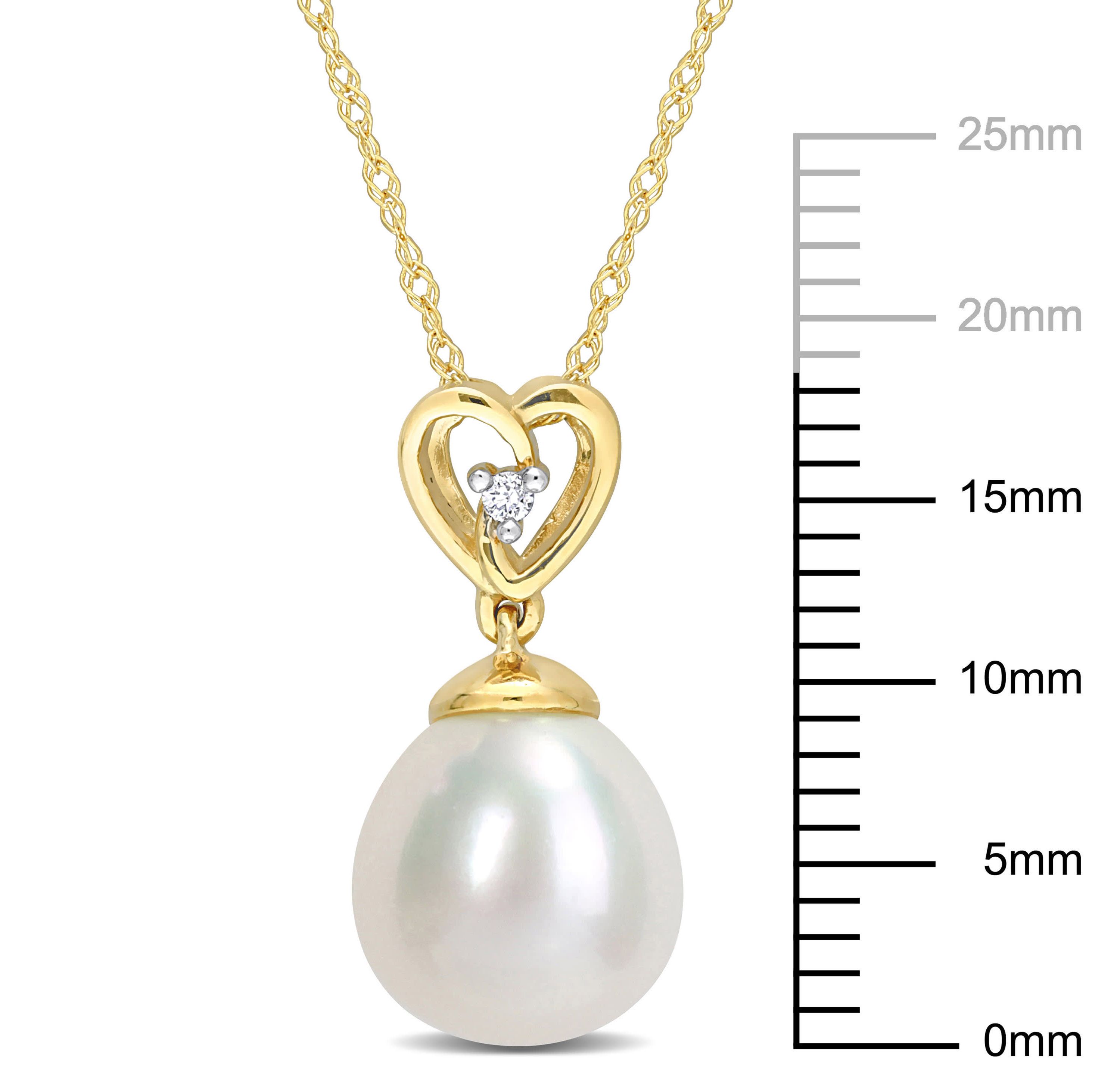 8.5-9mm Freshwater Cultured Pearl and Diamond Accent Drop Heart Pendant with Chain in 10K Yellow Gold