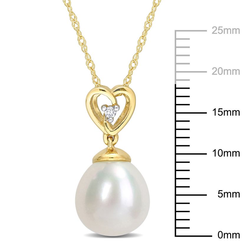 8.5-9mm Freshwater Cultured Pearl and Diamond Accent Drop Heart Pendant with Chain in 10K Yellow Gold