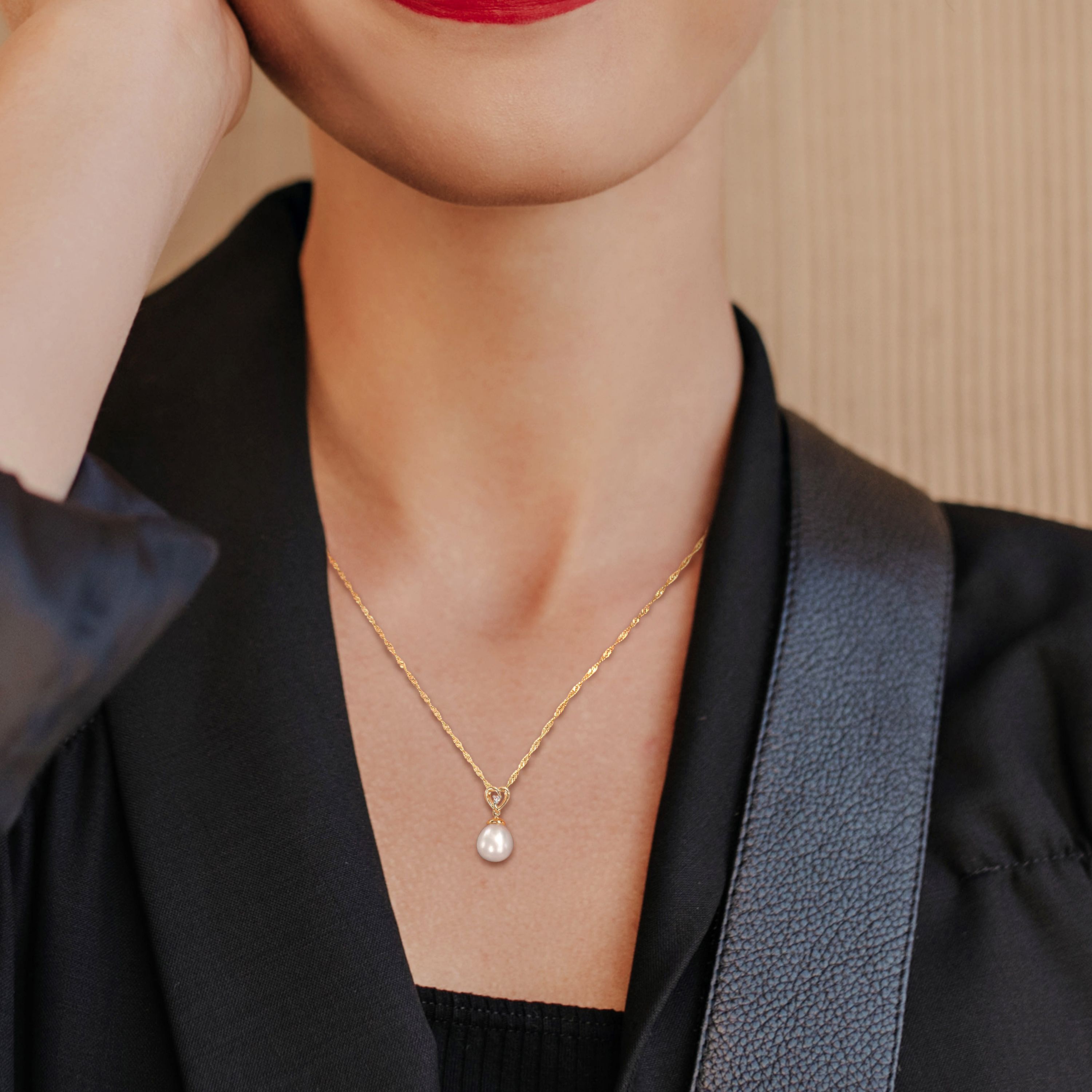 8.5-9mm Freshwater Cultured Pearl and Diamond Accent Drop Heart Pendant with Chain in 10K Yellow Gold