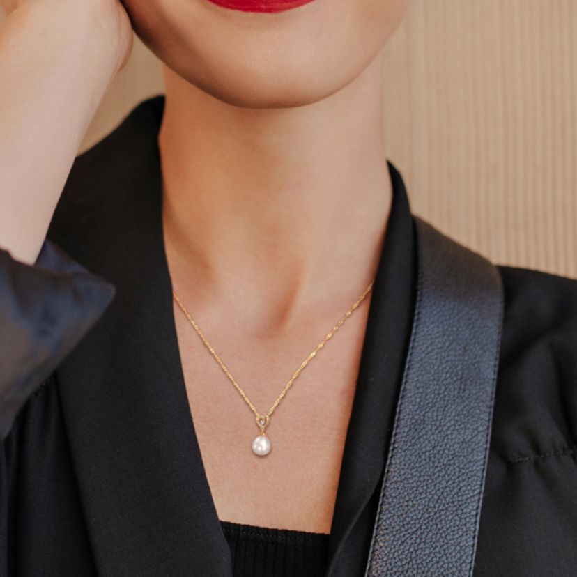 8.5-9mm Freshwater Cultured Pearl and Diamond Accent Drop Heart Pendant with Chain in 10K Yellow Gold