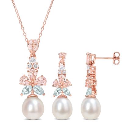 Pearl & Gemstone Drop Earrings & Pendant Set, 70% Off