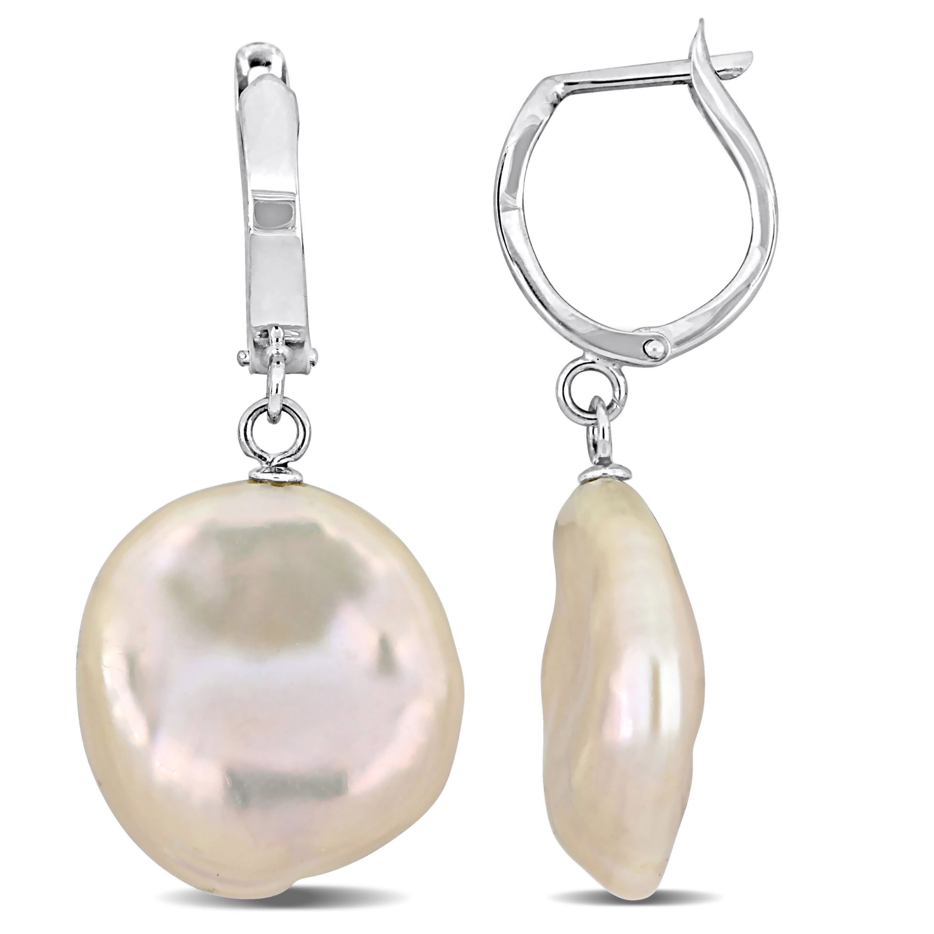 16.5-17mm Pink Coin Freshwater Cultured Pearl Hoop Earrings in 14K White Gold