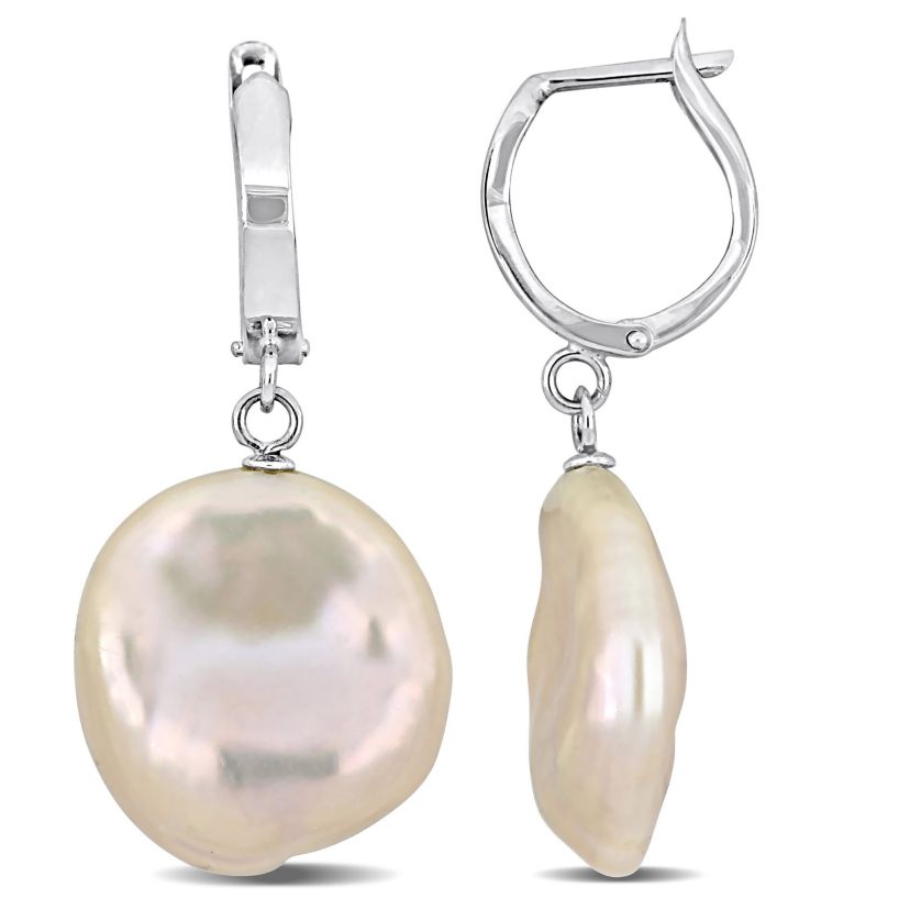 16.5-17mm Pink Coin Freshwater Cultured Pearl Hoop Earrings in 14K White Gold
