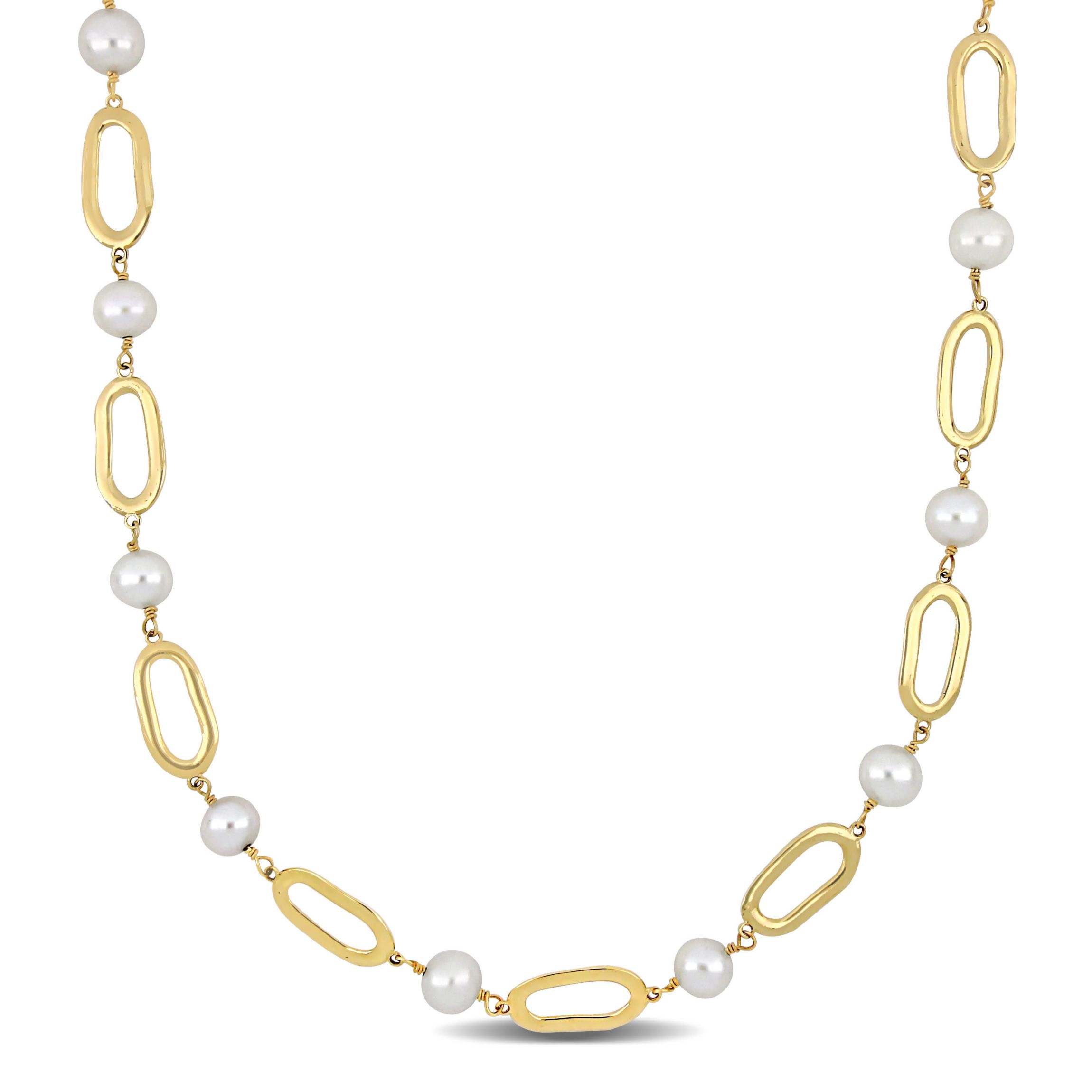 6.5-7mm Freshwater Cultured Pearl Link Necklace in 10K Yellow Gold