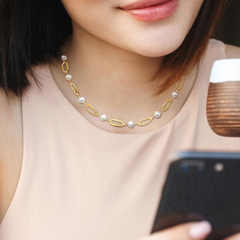6.5-7mm Freshwater Cultured Pearl Link Necklace in 10K Yellow Gold