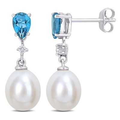 Belk & Co 8-8.5mm Freshwater Cultured Pearl, London Blue Topaz and Diamond Accent Drop Earrings in 10K White Gold, 8.25 in