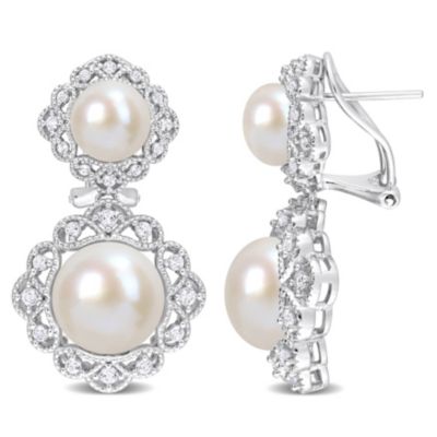Belk & Co 12-12.5mm, 8-8.5mm Freshwater Cultured Pearl and White Topaz Halo Drop Earrings in Sterling Silver